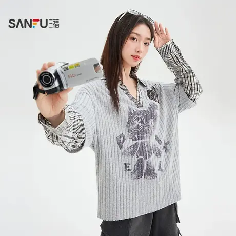 三福长T恤2025秋季小标格子拼接假两件V字翻领上衣女装509527商品大图