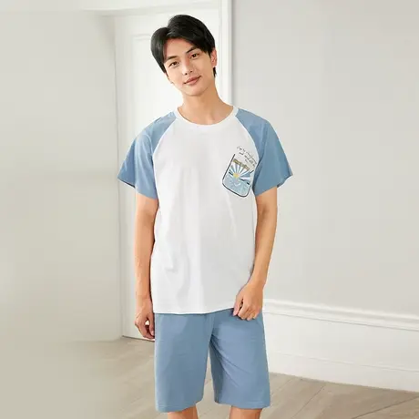 都市丽人套头舒适圆领插肩袖趣味撞色手绘图案宽松男士家居服睡衣商品大图