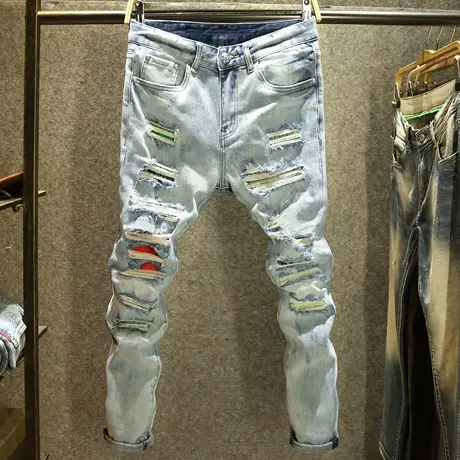 破洞刮烂补丁牛仔裤男时尚潮流修身小脚裤子潮牌痞帅炸街男乞丐裤商品大图