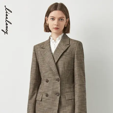 [朗姿奥莱]LANCY/朗姿俪雅2022冬季新款西装外套女格纹中长款修身商品大图
