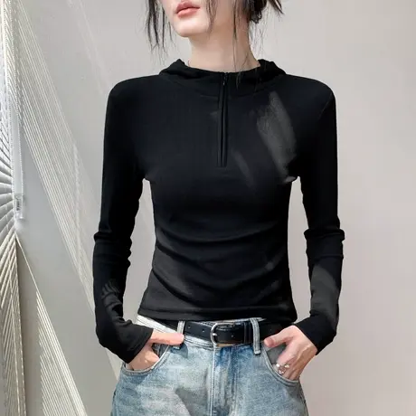 韩版拉链半开领连帽长袖t恤女秋季新款修身显瘦外穿纯色百搭上衣商品大图