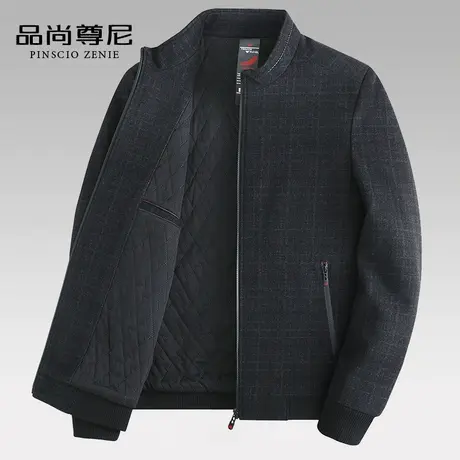 爸爸冬季外套简约格纹立领加厚保暖立领中老年毛呢夹克男士秋冬装商品大图