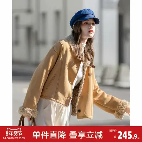 唐狮2026秋冬女翻领前胸小细节皮毛一体超短款外套时尚流行商品大图