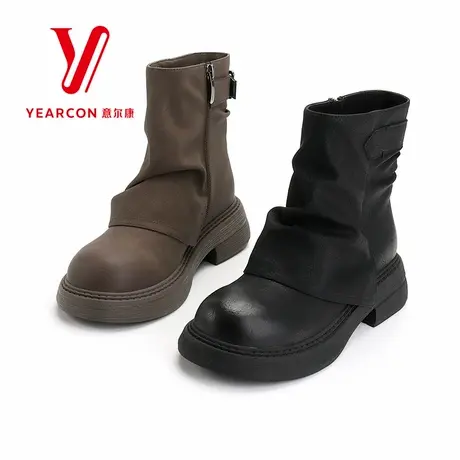 意尔康女靴2025新款冬季真皮短靴女加绒靴子时装裤管靴粗跟堆堆靴图片