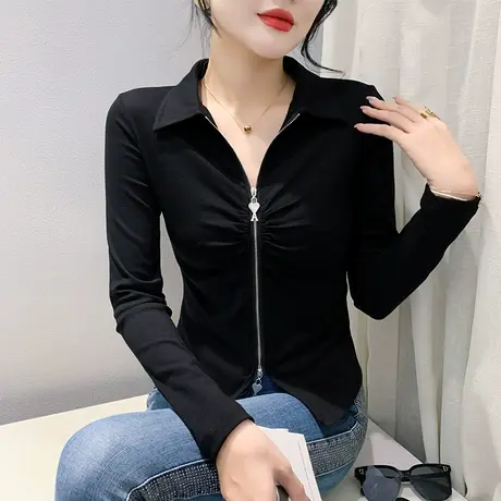 黑色POLO领双拉链头上衣时尚开叉下摆T恤女长袖洋气百搭打底衫ins图片