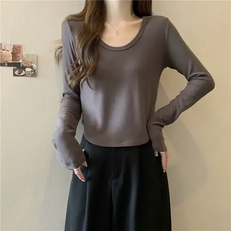 小个子短款大圆领加绒加厚德绒打底衫女内搭秋冬修身长袖T恤上衣商品大图