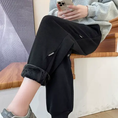 黑色加绒束脚哈伦裤女冬季2023新款高腰显瘦宽松休闲百搭运动卫裤图片