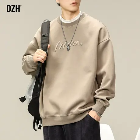 男士美式重磅卫衣男春秋季圆领卡其色刺绣上衣2023新款打底衫长袖商品大图