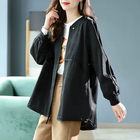 宝诗黎黑色女士短外套新款2023秋装风衣圆领拉链开衫时尚宽松上衣商品大图