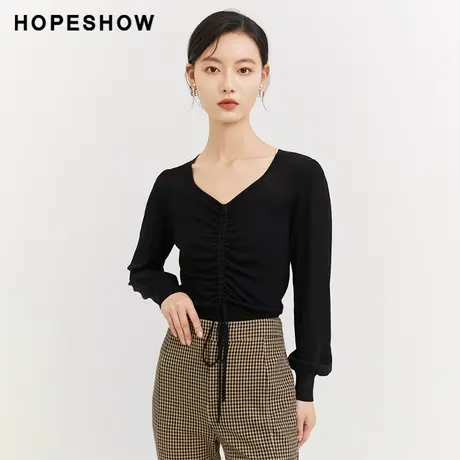 红袖outlets纯色V领套头针织衫hopeshow2023秋款设计感抽褶小上衣商品大图