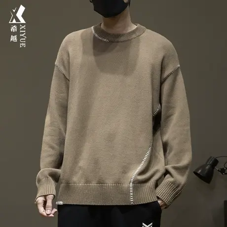 秋冬慵懒感休闲针织毛衣男2023新款宽松大码男士小撞色打底针织衫商品大图