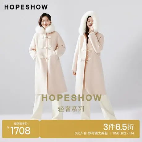 红袖outlets连肩袖狐狸毛领大衣hopeshow2023冬款双面呢气质外套商品大图