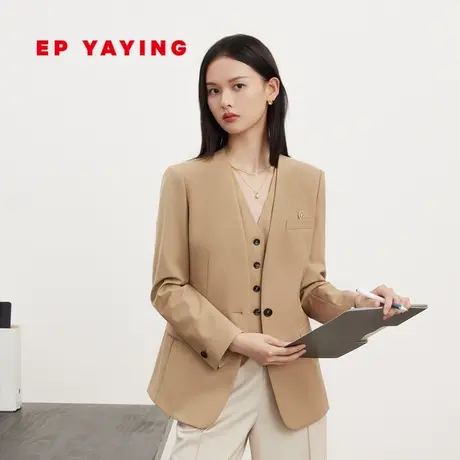 EP雅莹 卡其色绵羊毛老钱风无领正装西装外套 秋冬商场同款1105A商品大图