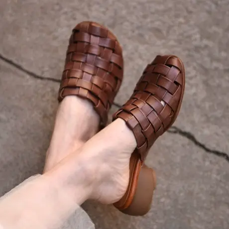 Artmu阿木原创复古真皮编织包头拖鞋女外穿粗中跟皮拖鞋2023新款商品大图
