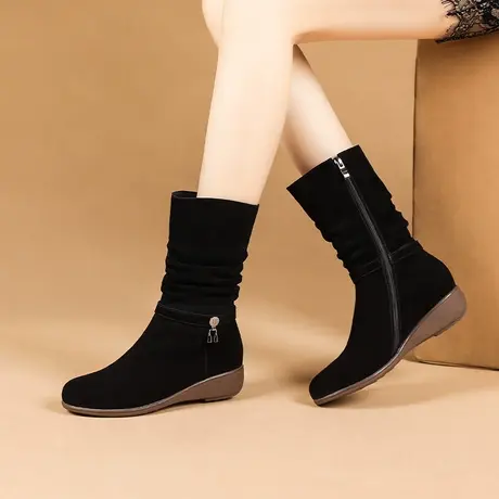 真皮中筒女靴2023秋冬新款短靴低跟牛反绒复古堆堆靴圆头大码靴子图片