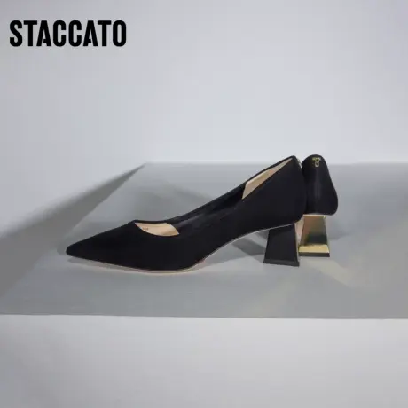 思加图新款法式高跟单鞋黑色尖头通勤粗跟皮鞋女9PV78CQ3图片