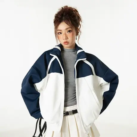 YEP美式复古拼接运动外套女春秋2023新款潮牌立领夹克宽松上衣ins商品大图