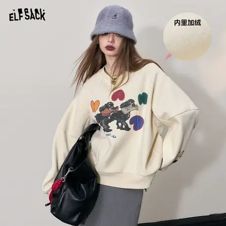 妖精的口袋圆领无帽加绒套头卫衣女2023冬季新款宽松印花长袖上衣图片