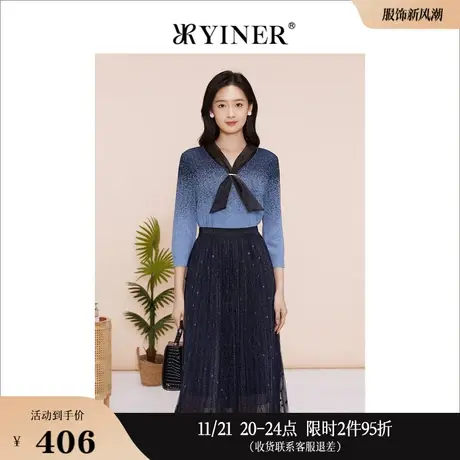 YINER音儿线上专选女装2023春季飘带领结渐变色针织衫套头上衣商品大图