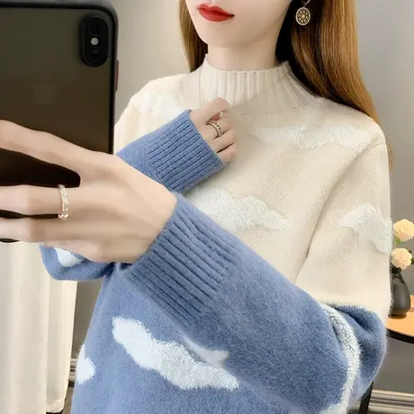 2023春装新款韩版宽松半高领针织衫毛衣女士百搭上衣打底长袖套头商品大图