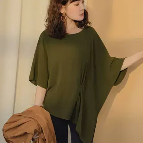 桔熊春秋季设计感不易皱不规则下摆七分袖斗篷上衣女大码AB10913图片