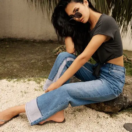 桔熊夏季设计感拼接牛仔长裤子女磨白高腰宽松直筒裤大码BA7164图片