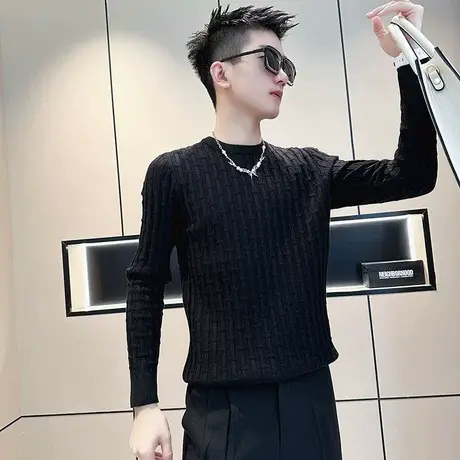 高级感肌理感毛衣秋冬潮牌纯色痞帅修身内搭针织衫长袖新款上衣商品大图