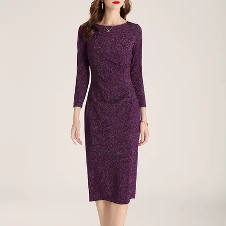 水墨青华冬装新品气质优雅修身一步裙百搭收腰时尚打底连衣裙图片