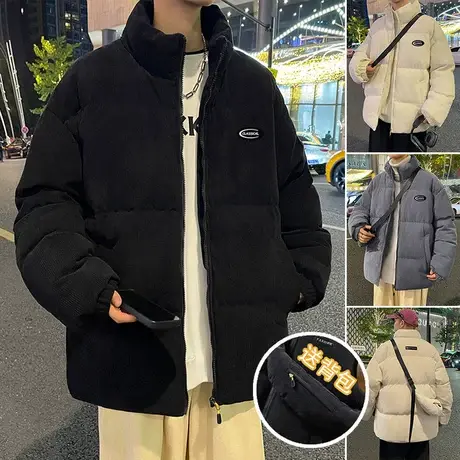 灯芯绒棉服男冬季加厚保暖复古工装棉衣潮流棉袄立领开衫拉链外套商品大图