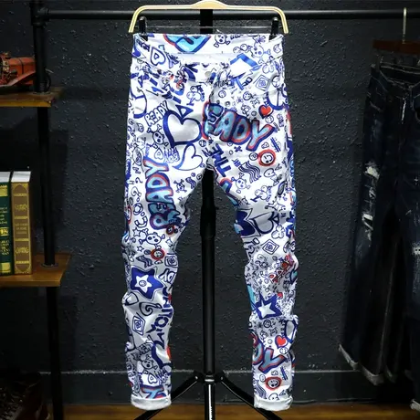 新款夏季嘻哈牛仔裤男小脚修身花裤子男潮流涂鸦印花男士长裤子男商品大图