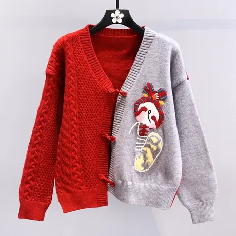 中国风盘扣撞色拼接毛衣外套女秋冬2023新款宽松设计感针织开衫商品大图