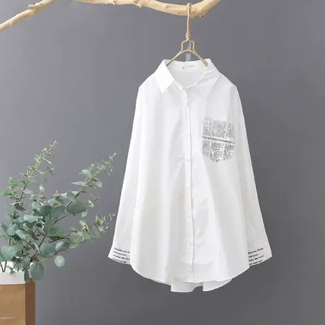 白衬衫女心机上衣设计感纯棉衬衣女2023春女装韩范印花长袖打底衫图片