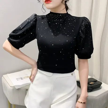欧货五分袖T恤女2024夏季新款时尚重工烫钻小衫设计感泡泡袖上衣图片