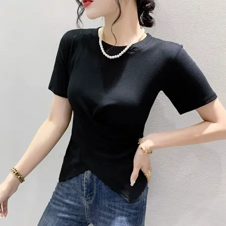 设计感开叉T恤女短袖2024夏季新款别致项链上衣收腰显瘦网红小衫商品大图