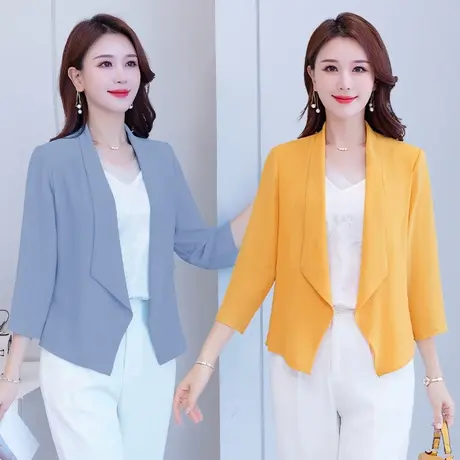 韩版小西装外套女薄款七分袖小个子短款2022年春夏新款纯色西服潮商品大图