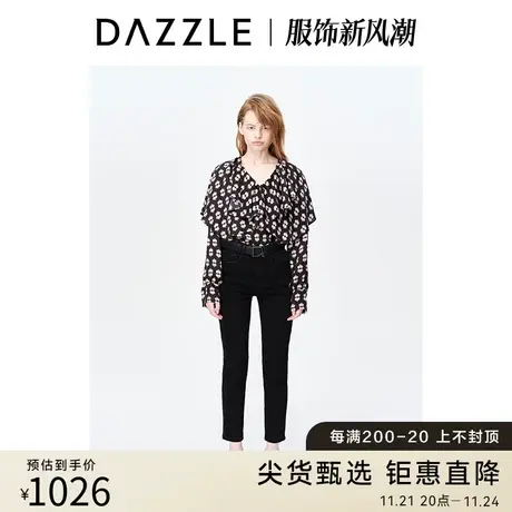 DAZZLE地素奥莱23春装新款黑色真丝混纺长袖碎花印花衬衫衬衣上衣图片