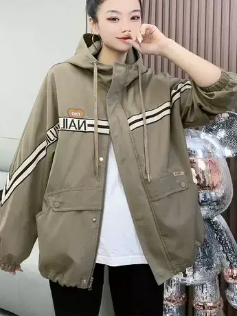 2023秋季新款韩版连帽刺绣字母宽松休闲抽绳风衣女百搭爆款外套潮商品大图