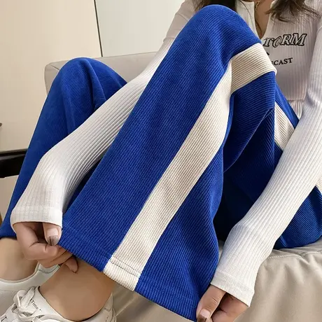 灯芯绒克莱因蓝裤子女秋冬宽松休闲高腰直筒垂感加厚条绒阔腿裤子商品大图