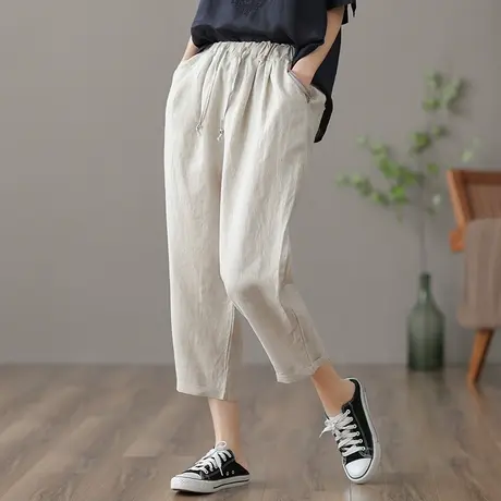 dza 高腰显瘦复古薄款九分棉麻裤子女士夏季宽松阔腿裤直筒亚麻裤图片