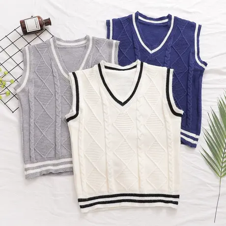 学院风v领条纹针织马甲背心女春秋日系坎肩叠穿毛衣外搭上衣秋冬商品大图
