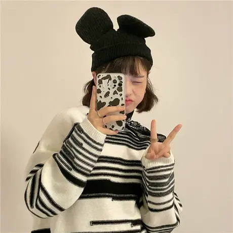 红续不规则条纹复古毛衣女春秋慵懒风日系设计感小众2023新款学生图片