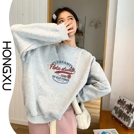 红续秋冬新款韩版原宿风印花卫衣女ins复古穿搭灰色上衣加厚显瘦图片