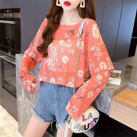 薄款网纱防晒T恤女夏季2023新款网红冰丝长袖上衣服欧美ins潮罩衫图片