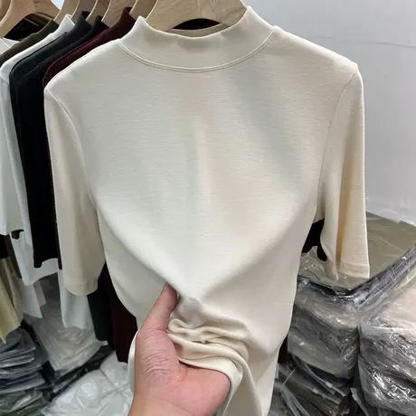 纯色百搭半高圆领五分中袖T恤女2023早秋新款内搭显瘦打底衫上衣商品大图