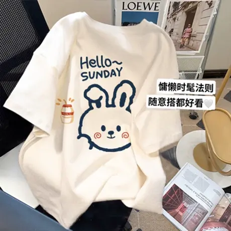 夏季中长款短袖女t恤大码宽松oversize显瘦慵懒风ins潮牌纯棉上衣图片