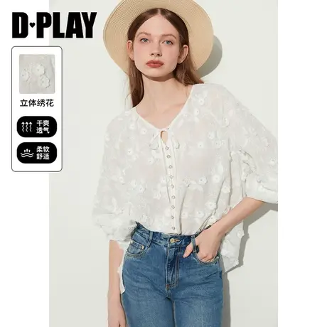 DPLAY夏时尚白系带肌理感重工立体绣花小衫泡泡袖上衣衫商品大图