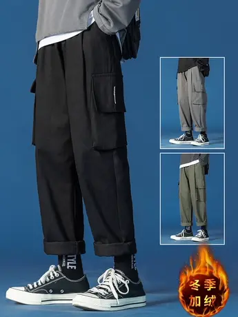 工装裤子男士秋冬季韩版潮流宽松直筒阔腿裤加绒加厚潮牌休闲长裤商品大图