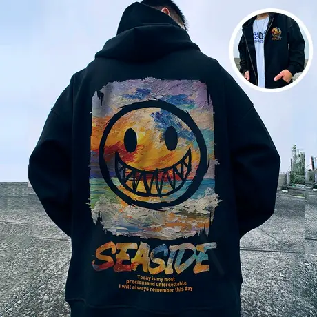 小恶魔鬼脸印花潮牌卫衣情侣连帽春秋冬加绒宽松重磅外套大码男装商品大图