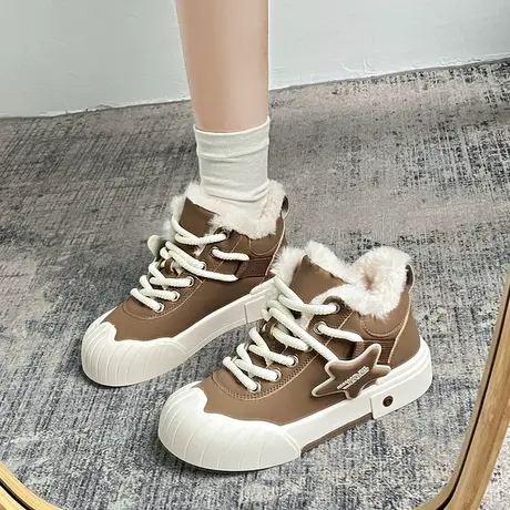 高帮厚底小白鞋女鞋子2023秋冬季新款系带保暖棉鞋休闲运动二棉鞋商品大图
