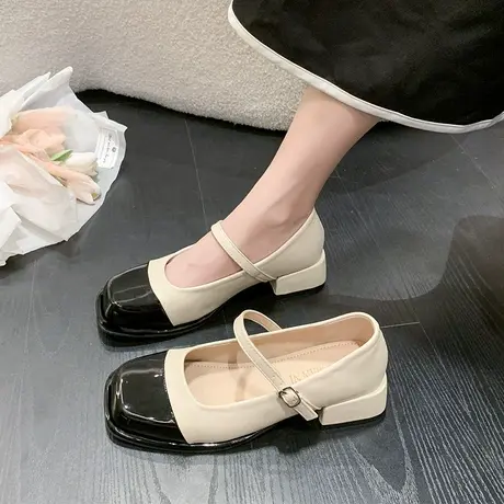 法式玛丽珍女鞋2023新款夏季时尚拼色方头粗跟浅口配裙子中跟单鞋图片